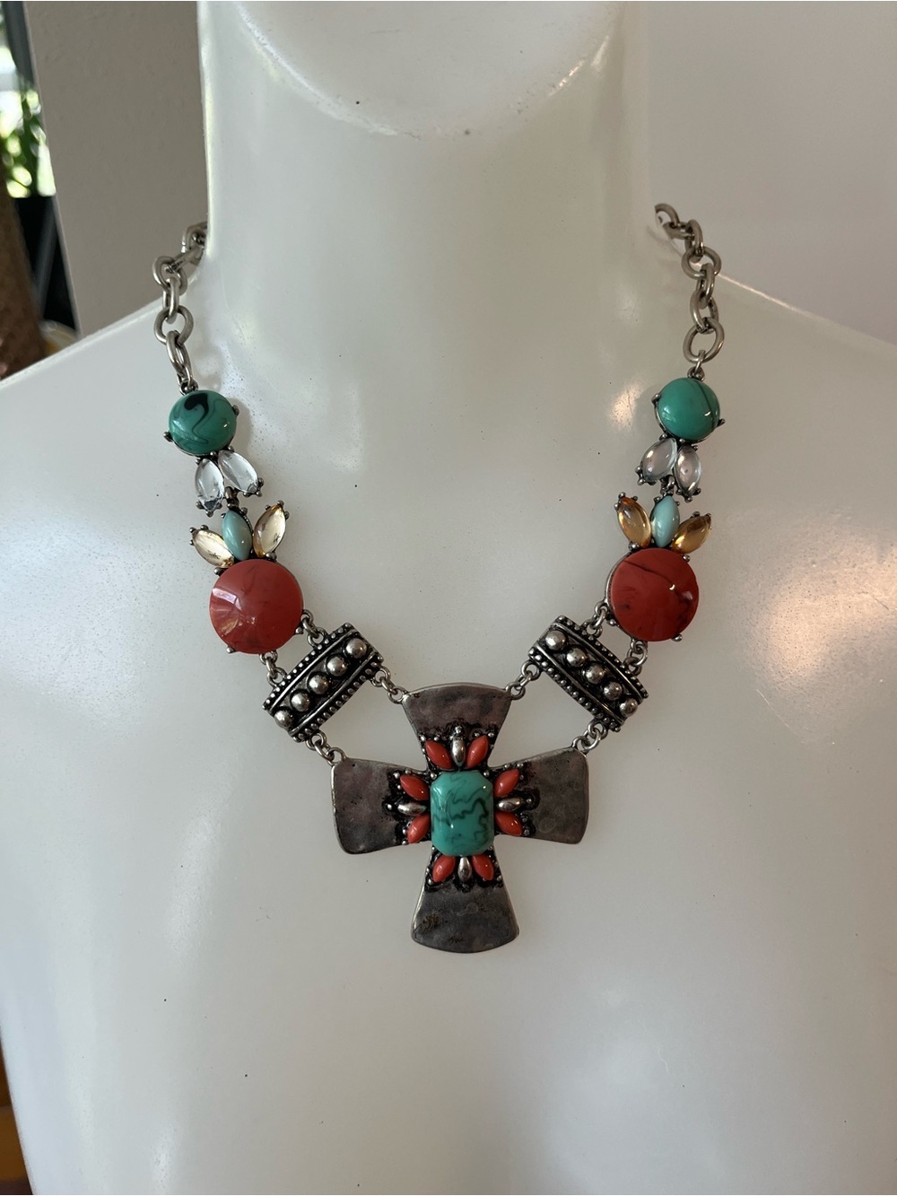 Statement Turquoise & Coral Cross Pendant Necklace - Women Jewelry